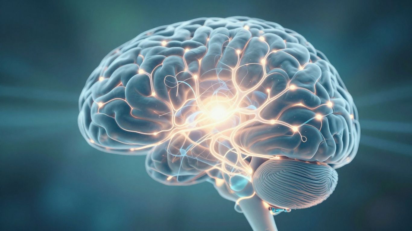 Brain with glowing neural pathways, TMS therapy concept.