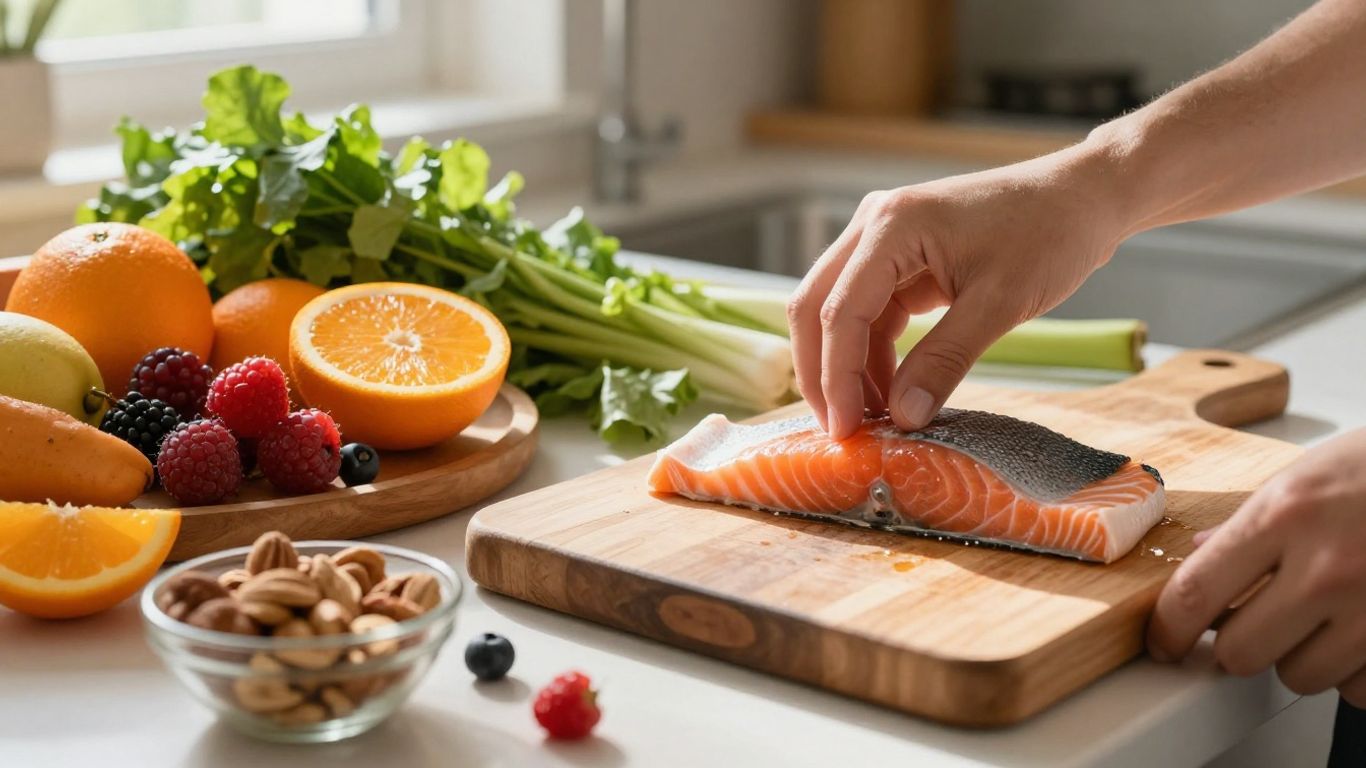 Colorful foods for mood improvement on a kitchen counter.
