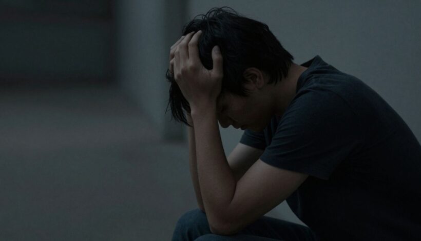 Person looking down, head in hands, somber mood.