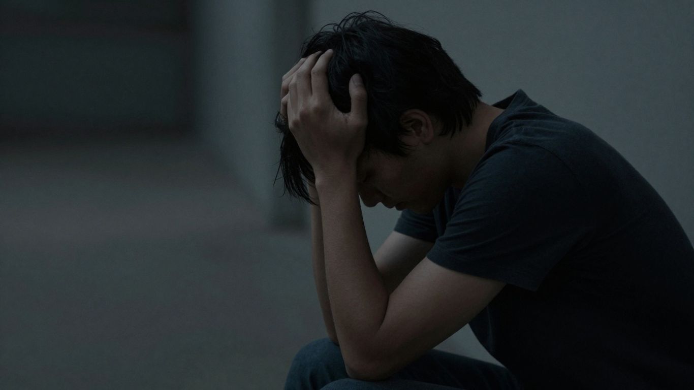 Person looking down, head in hands, somber mood.