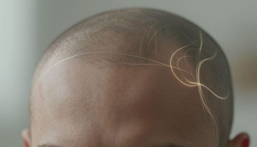 Head with glowing lines near temple, suggesting brain activity.