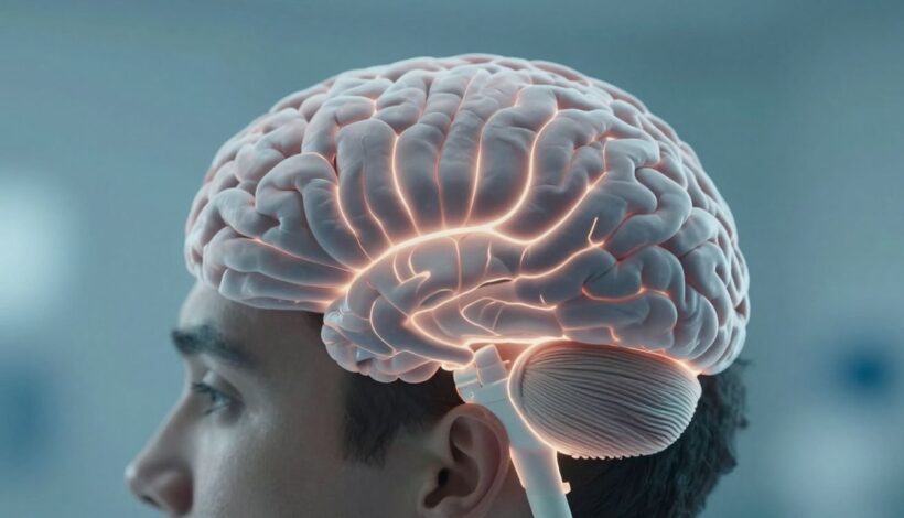 Person's head with glowing brain activity lines.