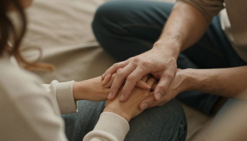 Couple holding hands, showing support and care.