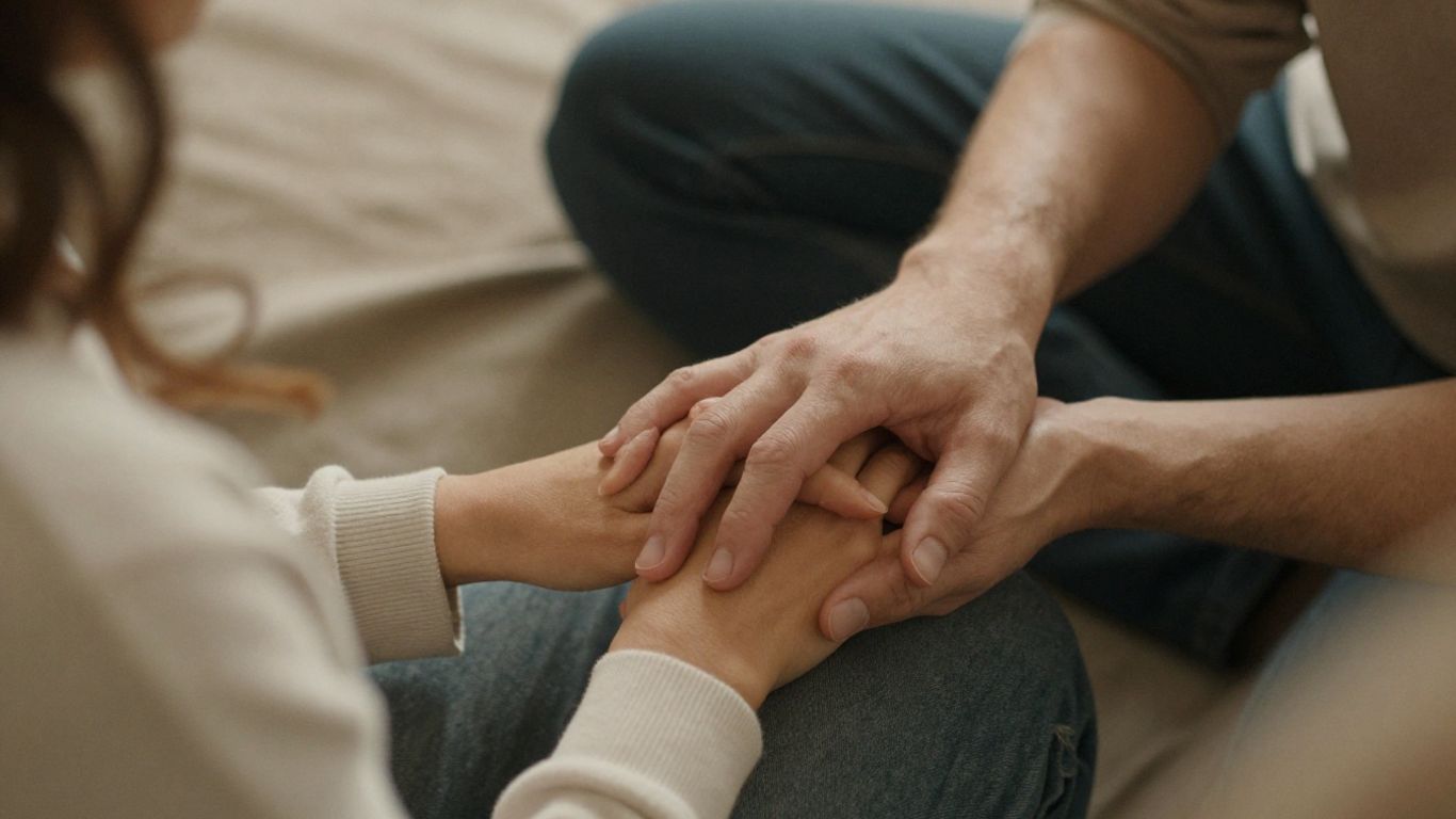 Couple holding hands, showing support and care.