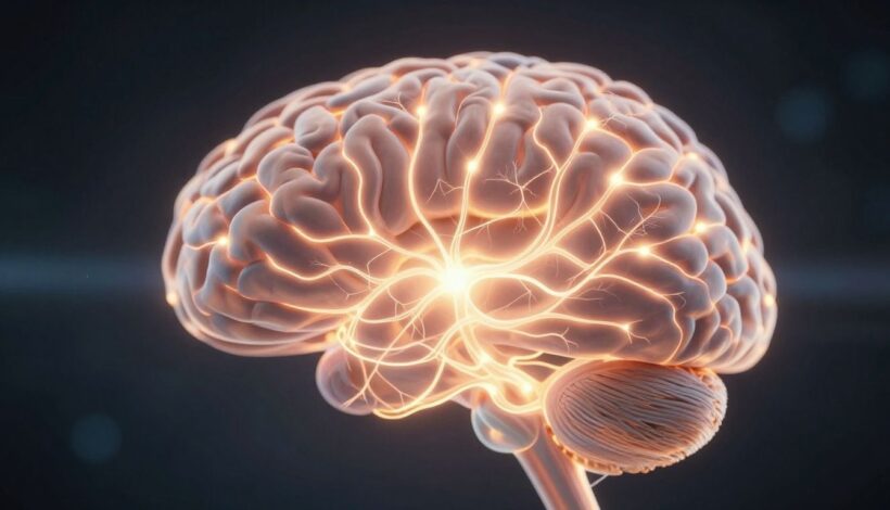 Human brain with glowing neural pathways