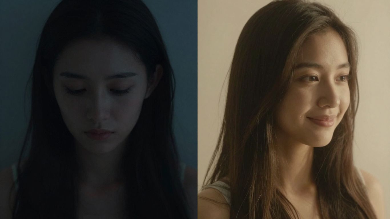 Person experiencing sadness versus happiness, light and dark contrast.