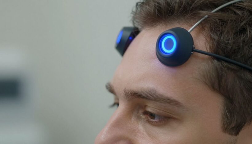 Person receiving advanced depression treatment with TMS device.